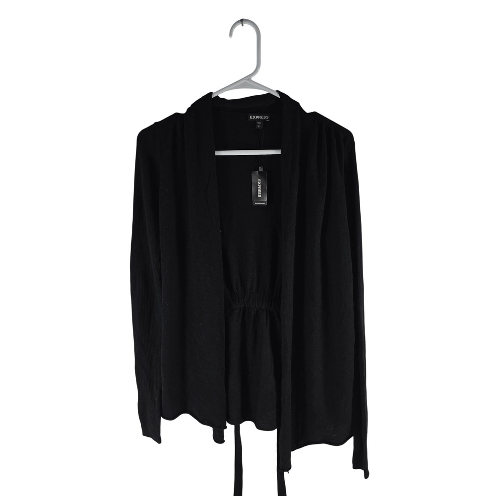 Express Black Merino Wool Blend Open Front Tie Back Cardigan Sweater Small 4938
